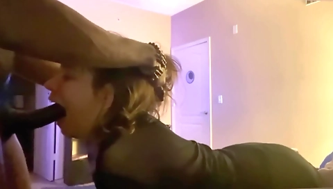 Brunette with round ass gets deepthroat and sucking cock