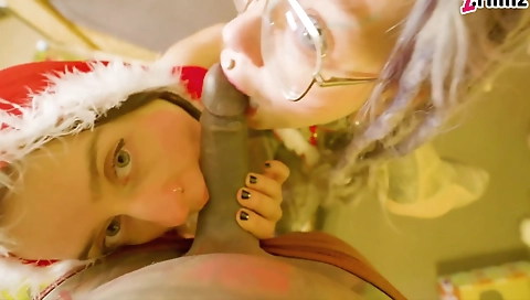 Two hot babes get naked and do interracial threesome