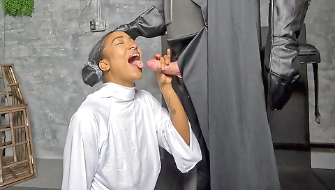 Ebony girl gets cum in mouth in a hardcore interracial video