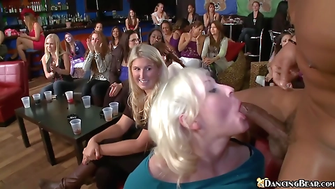 Blonde teen and ebony chick are getting deepthroated on stage