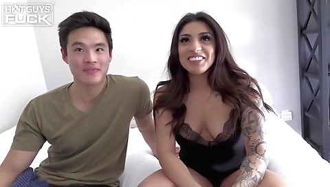 Hot brunette milf with tattoos fucked by a red-haired man