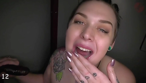 Busty tattooed chick with a hairy pussy swallows cum