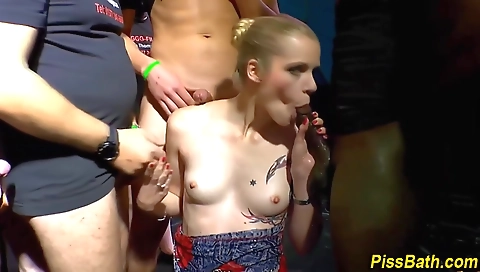 Blonde teen pissing on the shower curtain after sex