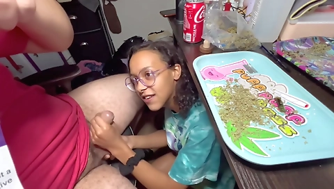 Ebony hottie smoking and fucking my dick in webcam