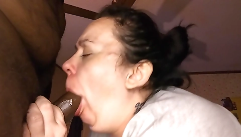 Busty brunette milf with a large dick cums deepthroat