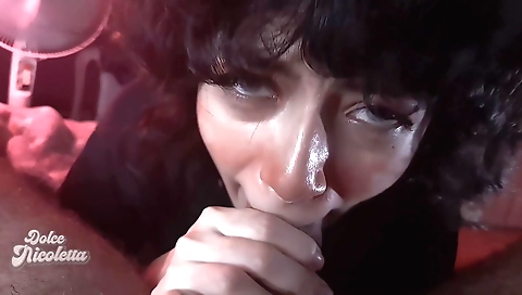 Brunette 18+ gets her big black cock deepthroat and facial