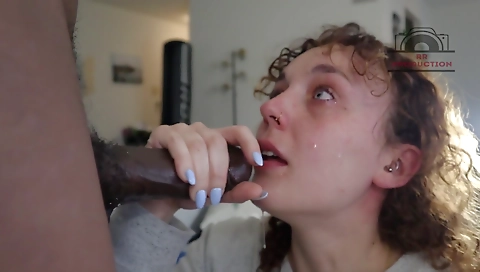 Blonde with a small face gets a big black dick in her mouth