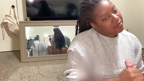 Ebony woman in leather tights sucking and sucking my dick