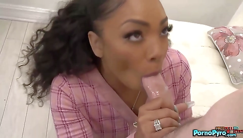 Ebony realtor babe with a huge cock in her mouth and throat